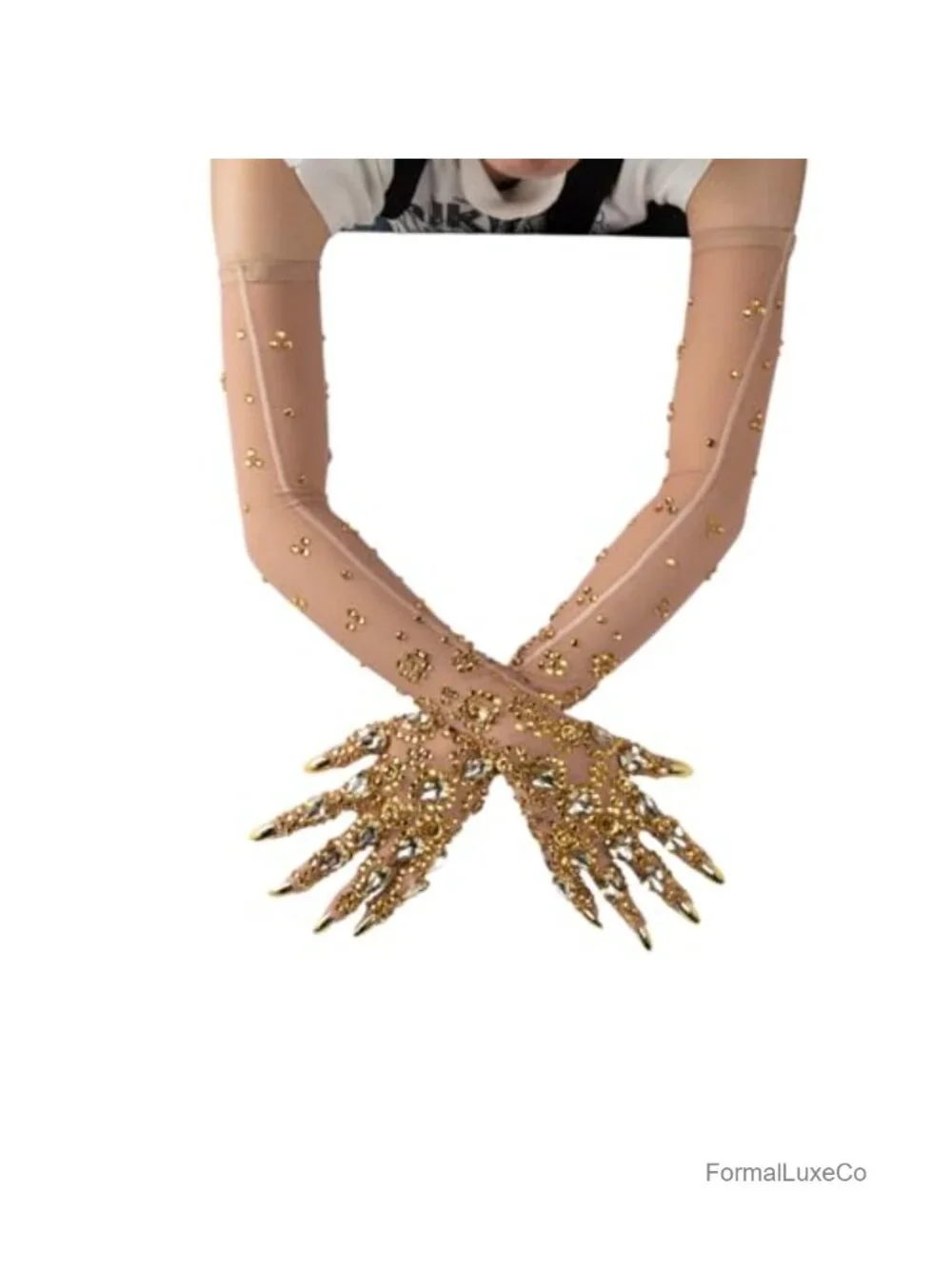 Rhinestone Gloves with Gold Crystal Embellished Nude Mesh Built-in Nail Tips